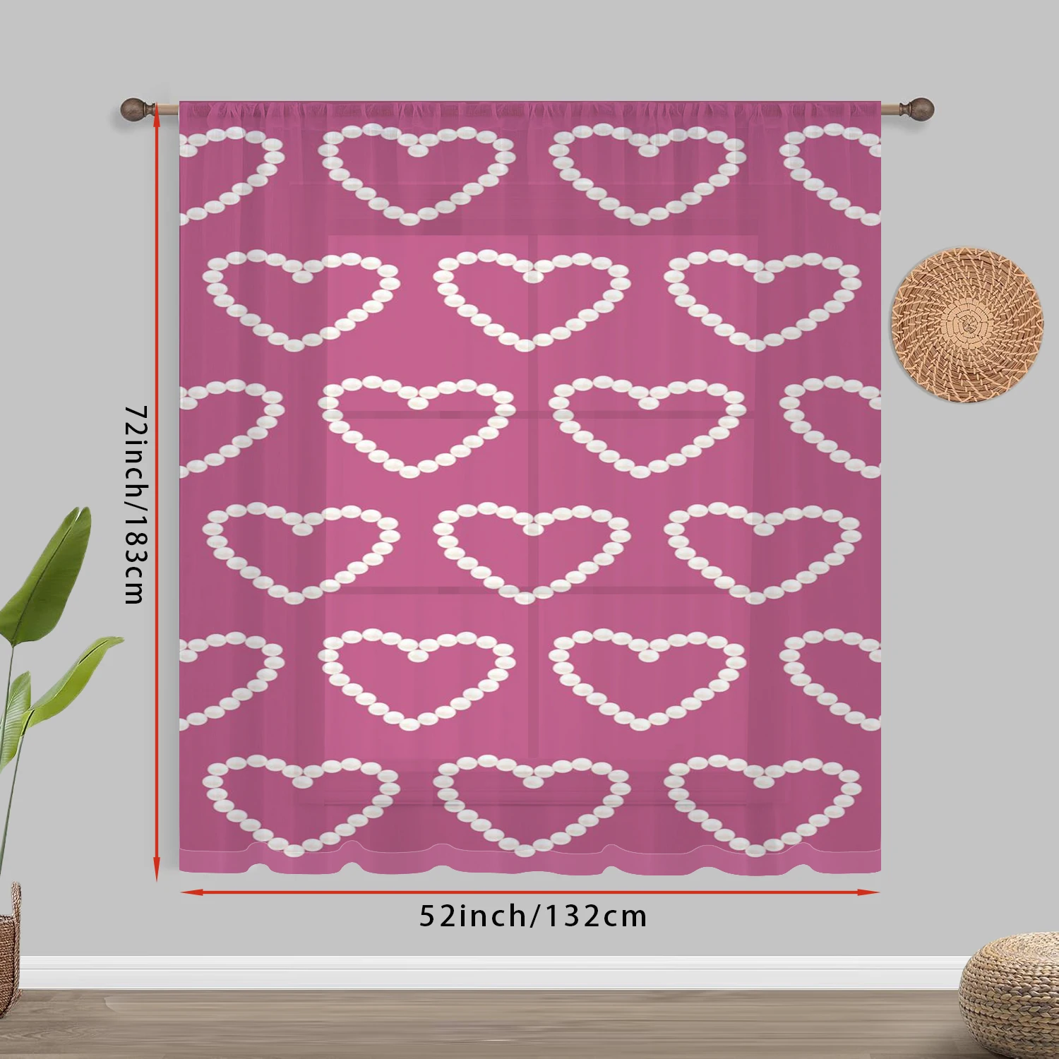 1PC Valentine's Pink Pearl Heart Curtains Romantic Beaded Heart Print Light Filtering Sheer Drape for Bedroom Window