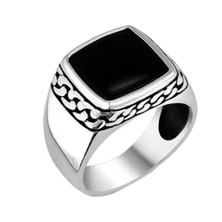 New Black Gem Stainless Steel Ring For Men Fashion Trend Pattern Zircon Finger Ring Male Vintage Jewelry