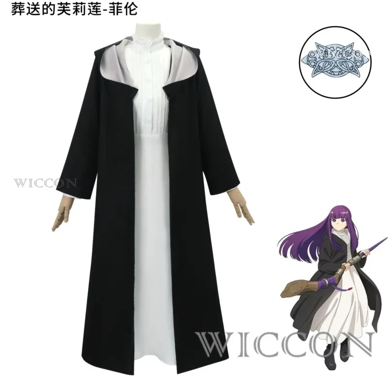 2025 yiyi Anime Frieren: disfraz de Cosplay de helecho más allá del viaje, vestido largo blanco y bata negra, peluca púrpura, tocado para Halloween