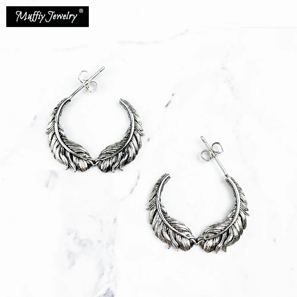 Hoop Earrings Feathers Wings 925 Sterling Silver Blackened Fine Jewelry Europe Styling Vintage Ethnic Fashion Gift For Woman Man