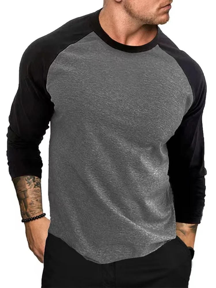 2024 New Long Sleeve Round Neck T-shirt Loose Breathable Tight Bottom Shirt Men\'s Casual Jumping Shoulder Sleeve Top