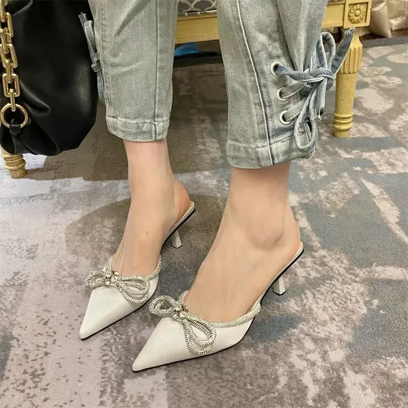 Women Fashion High Heel Slippers Rhinestone Woman Pump Crystal Bowknot Ankle Strap Ladies Prom Shoes Women High Heel Party Shoes