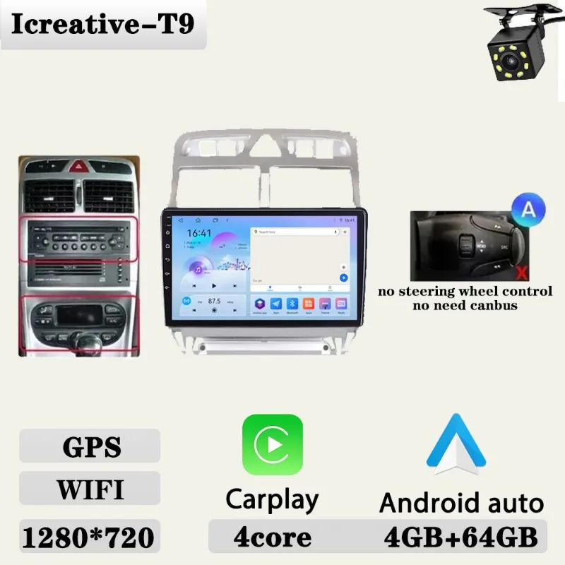 Autoradio voor Peugeot 307 307CC 307SW 2002-2013 Multimedia Carplay Speler Stereo Auto Audio Autoradio Android 9 ''navigatie GPS