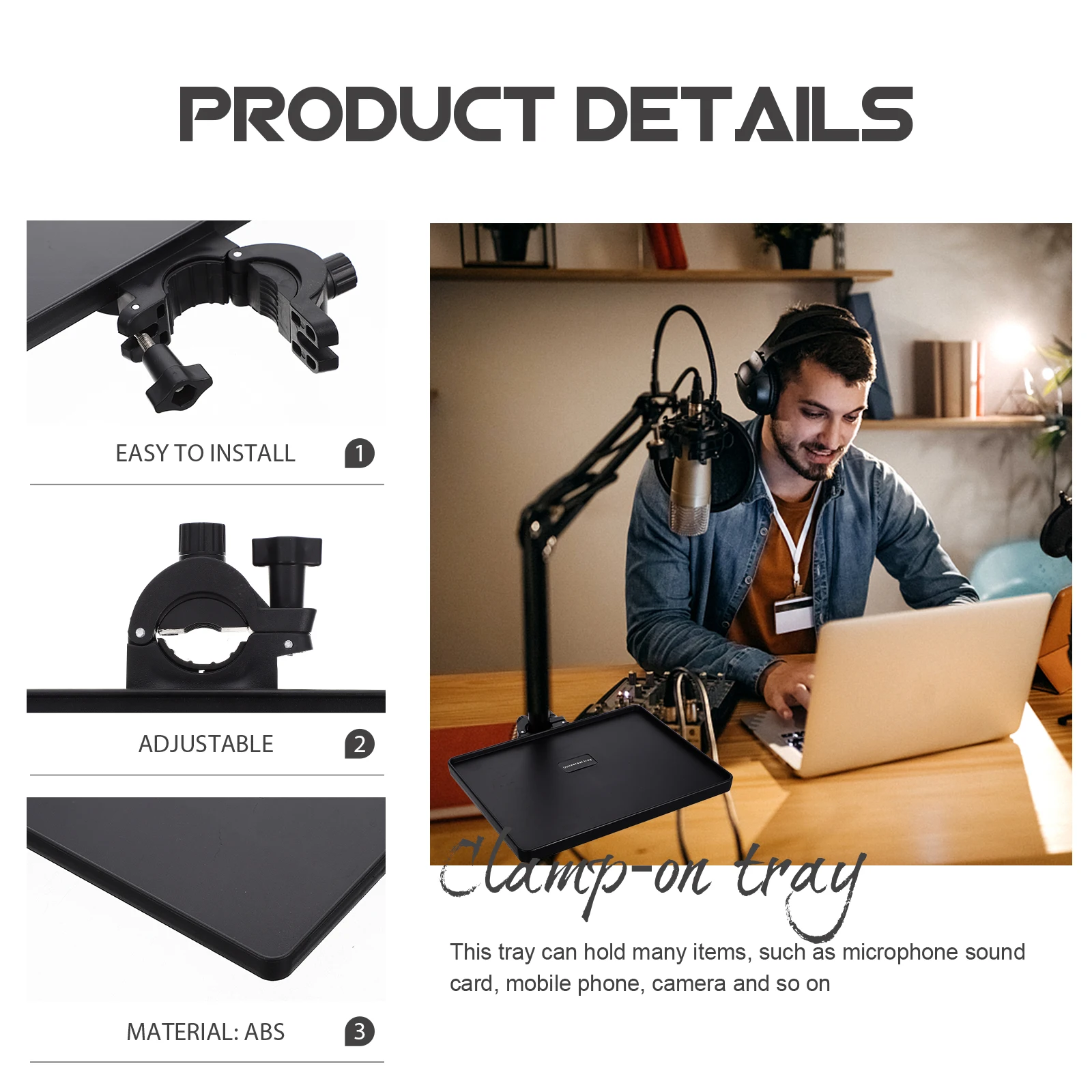

Adjustable Plastic Microphone Stand Tray 22x16.5cm Live Broadcast Sound Card Holder Clamp Microphone Rack Rack Shelf