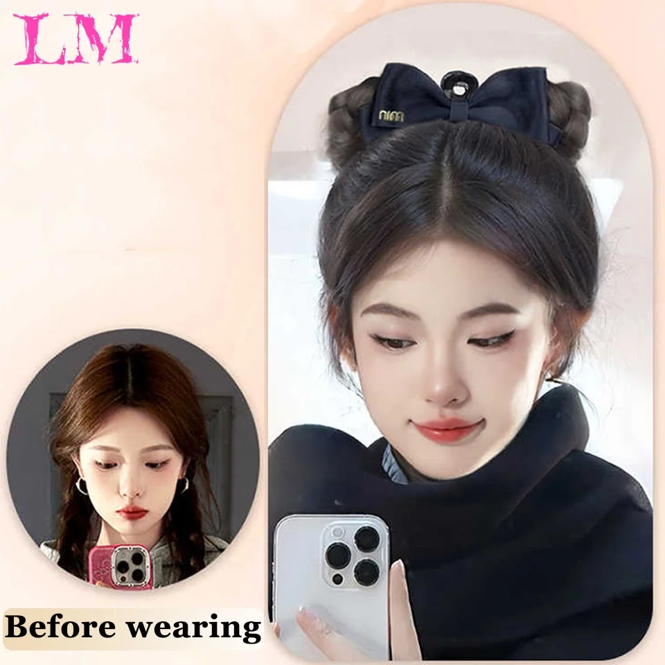 LM Synthetic Hair Bun Black Big Bow Braided Bun Claw Clip Synthetic Lazy Chignon Hair Extension for Ladies Daily Wedding Styling