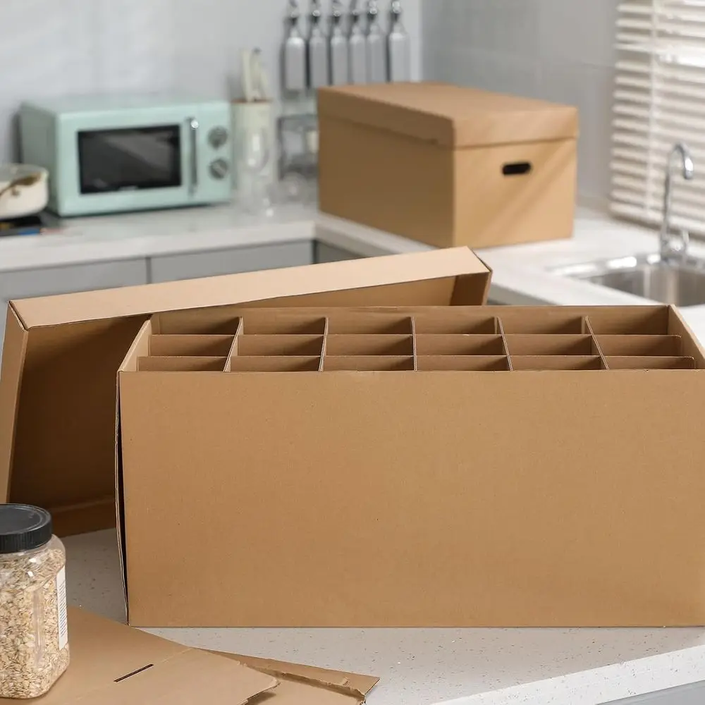 Conjunto de 4 Caixas de Mudança para Cozinha para Copos de Vinho e Pratos com Alça e Tampa, Marrom, 24x12x11 Polegadas