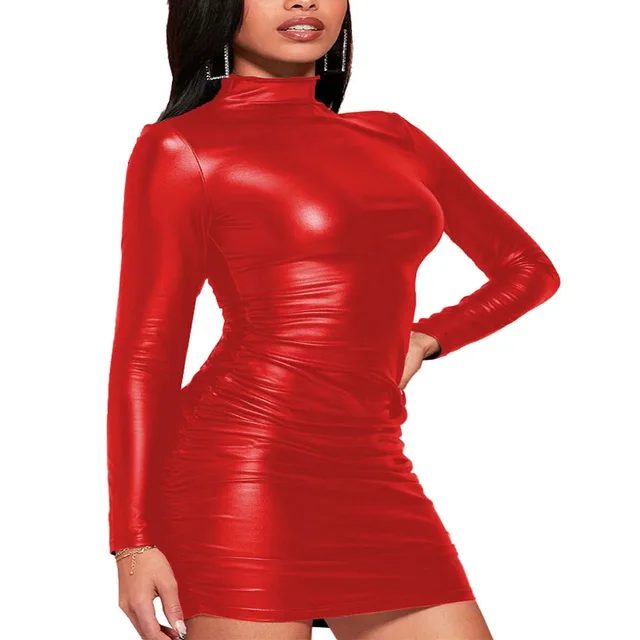 Plus Size Elegant High Neck Long Sleeve Hip Wraped Pencil Dress Matte PU Faux Leather Smart Casual Office Lady Dress Daily Wear