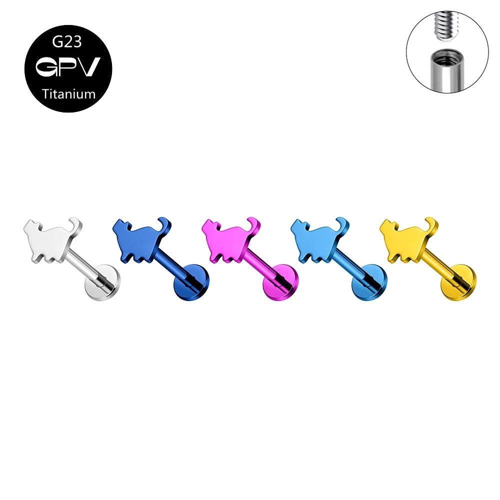 G23 F136 Titanium Small Animal Fat Cat Internal Thread Earrings Anodized Fashion Perforated Jewelry Men's and Women's Lip Nails