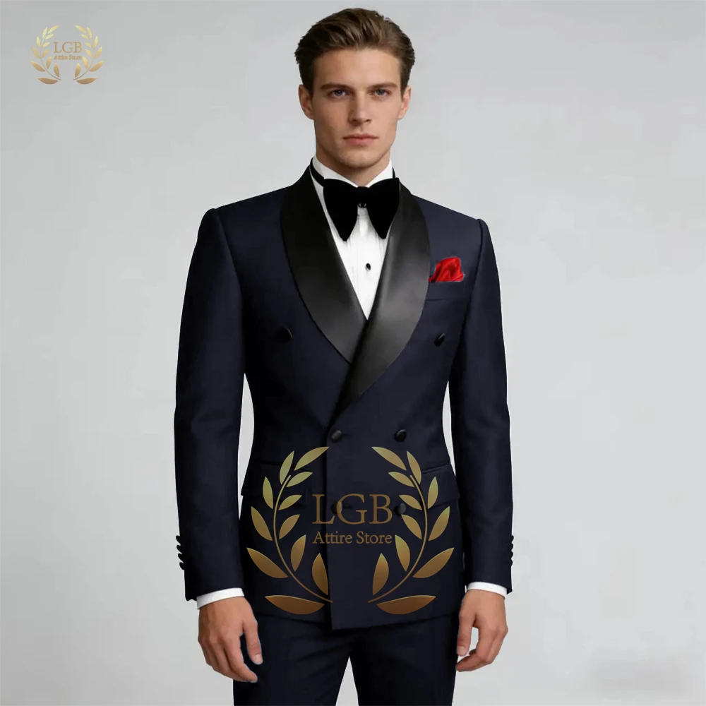 

Men's 2-Piece Double Breasted Shawl Lapel Tuxedo Suit, Black Lapel Blazer & Trousers for Weddings, Grooms & Formal Events