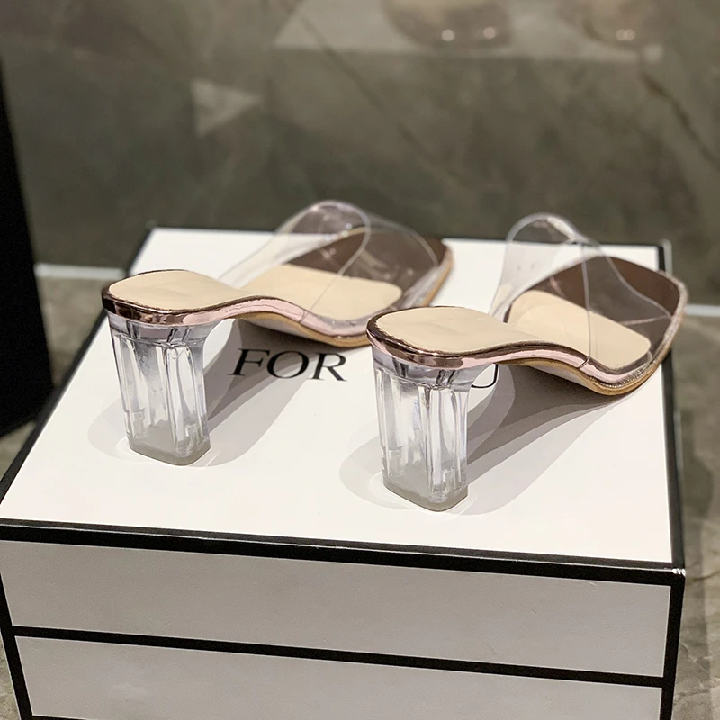 Comemore Crystal Clear Transparent Heel Slippers Female Shoes Middle Heels Comfortable New Summer Women Fashion Mules Slides 42