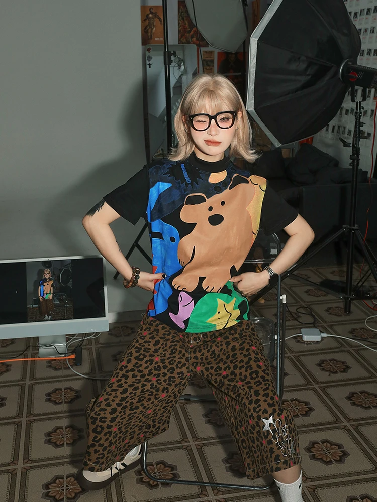 

LeBouji, крутая милая повседневная спортивная футболка в американском стиле ретро, женская летняя футболка 2024, новый топ из хлопка Moisture ng ort Sve roun...