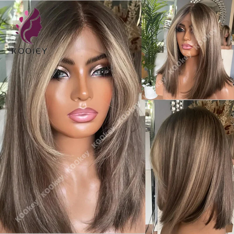 

Full Lace Frontal Wig Straight Real Human Hair Wig Ash Blonde 13x4 Lace Front Wig Brown Highlight Short Bob Wig Human Hair