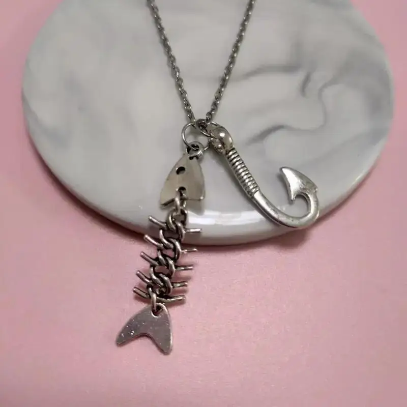Fish Bone Necklace Earrings Antique Silver Chic Bold Trendy Lightweight Durable Versatile for Women Men Daily Party