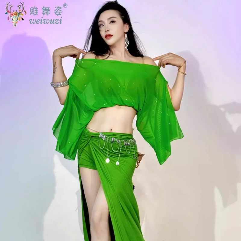 ベリーダンス衣装女性のための半袖トップ + ロングスカート 2 個ベリーダンスメッシュスーツ女性オリエンタルダンスパフォーマンス衣装