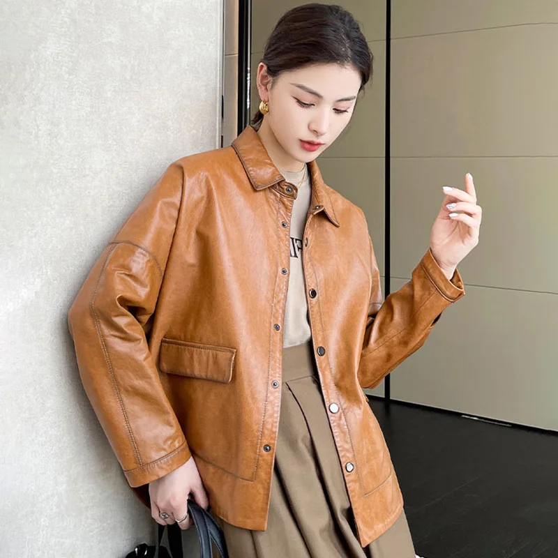 

New 2023 Women's Genuine Sheepskin Leather Shirt New Shacket Real Lambskin Leather Coat Sheep Leather Bomber Jacket CL4026