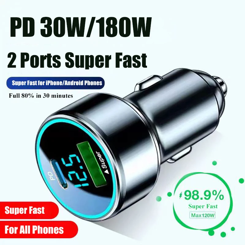 180W USB C Car Charger Adapter with Voltage Monitor Super Fast Charging for Samsung  iPhone iPad Huawei Oneplus OPPO VIVO Phones