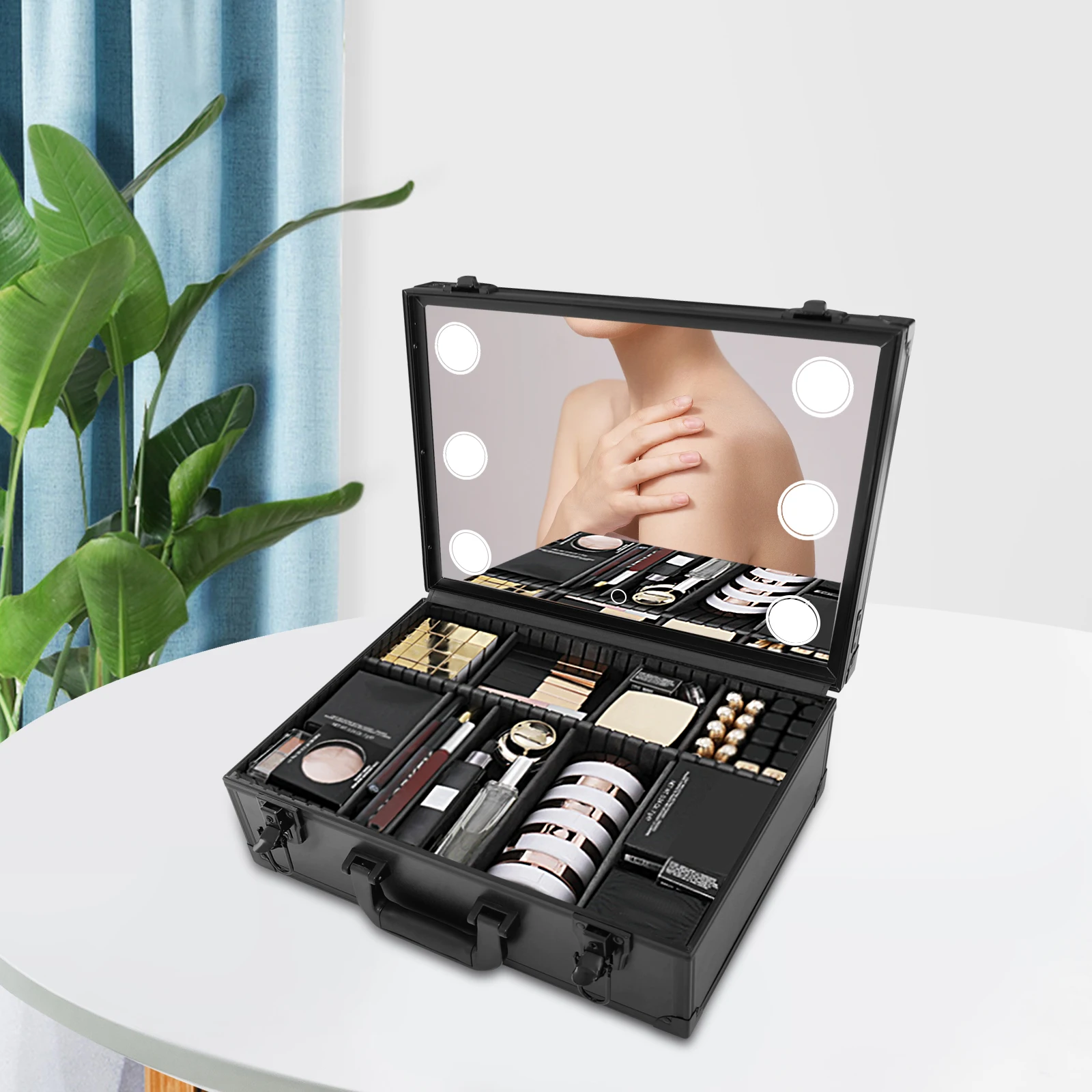 

LED Lighted Makeup Case Cosmetic Organizer Box with Mirror Large Makeup Artist Organizer Kit Portable Women Travel Makeup Case