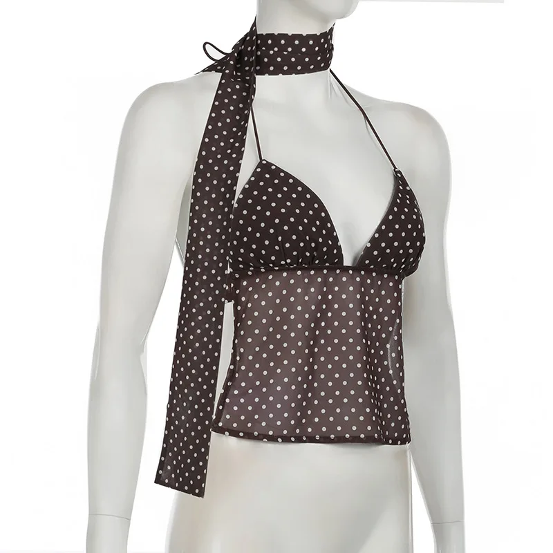 Sommer Y2K Damen Polka Dot Print ärmellose Weste Vintage Camisole mit Spaghettiträger Schal Streetwear Top – Detail 9