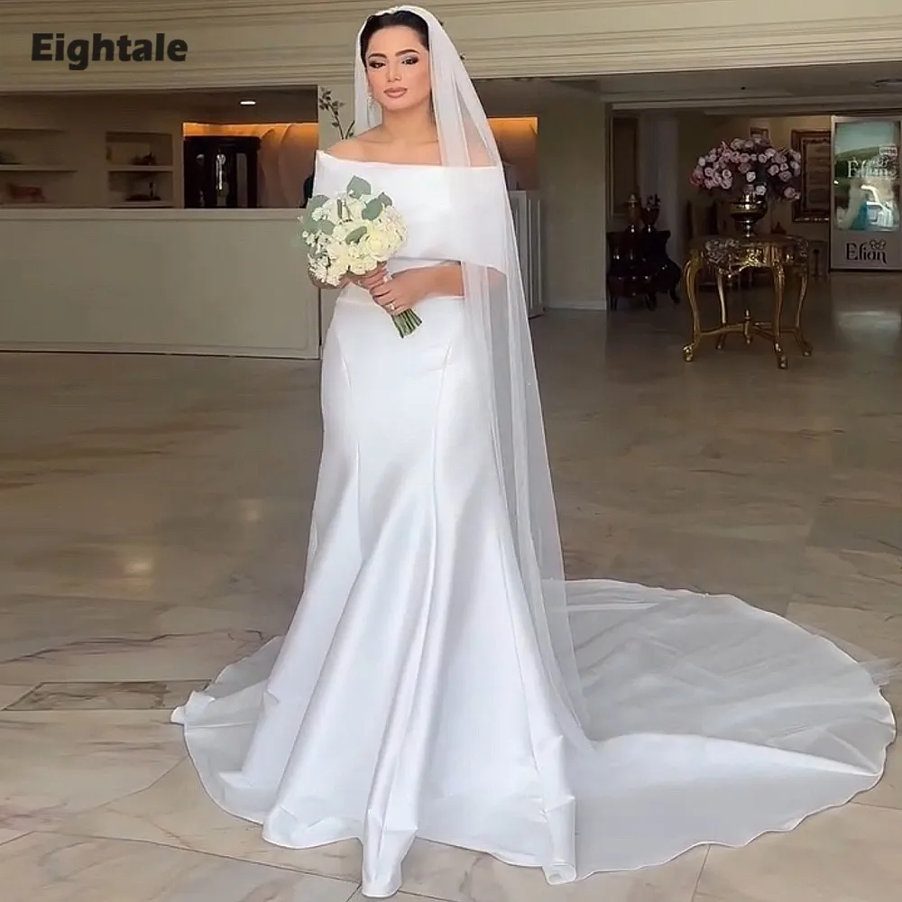 

Eightale Arabic Wedding Dresses Cap Sleeves Scoop Customized Satin White Ivory Mermaid Bridal Gowns Vestidos De Novia