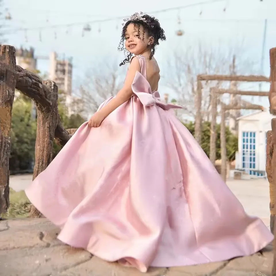 

Customized Girls Party Gown Pink Satin Princess Flower Girl Dresses for Wedding Toddlers Crystal Bow Pageant Birthday Dress