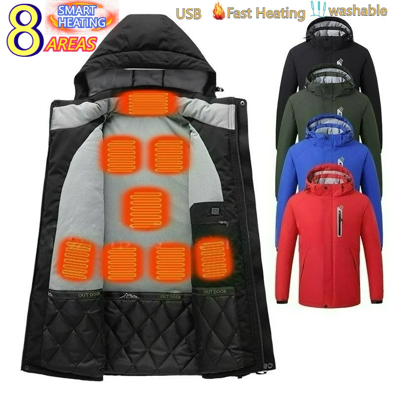 COMXZ Mens 8 Zone Heated Jacket USB Rechargeable Electric Heating Windproof Winter Thermal Coat Waterproof Outdoor Work Wear​