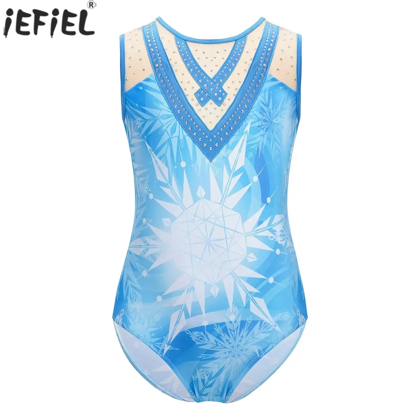 Kids Girls Ballet Dance Gymnastics Leotard Shiny Rhinestones Sheer Mesh Print Bodysuit Figure Skating Yoga Performance Dancewear