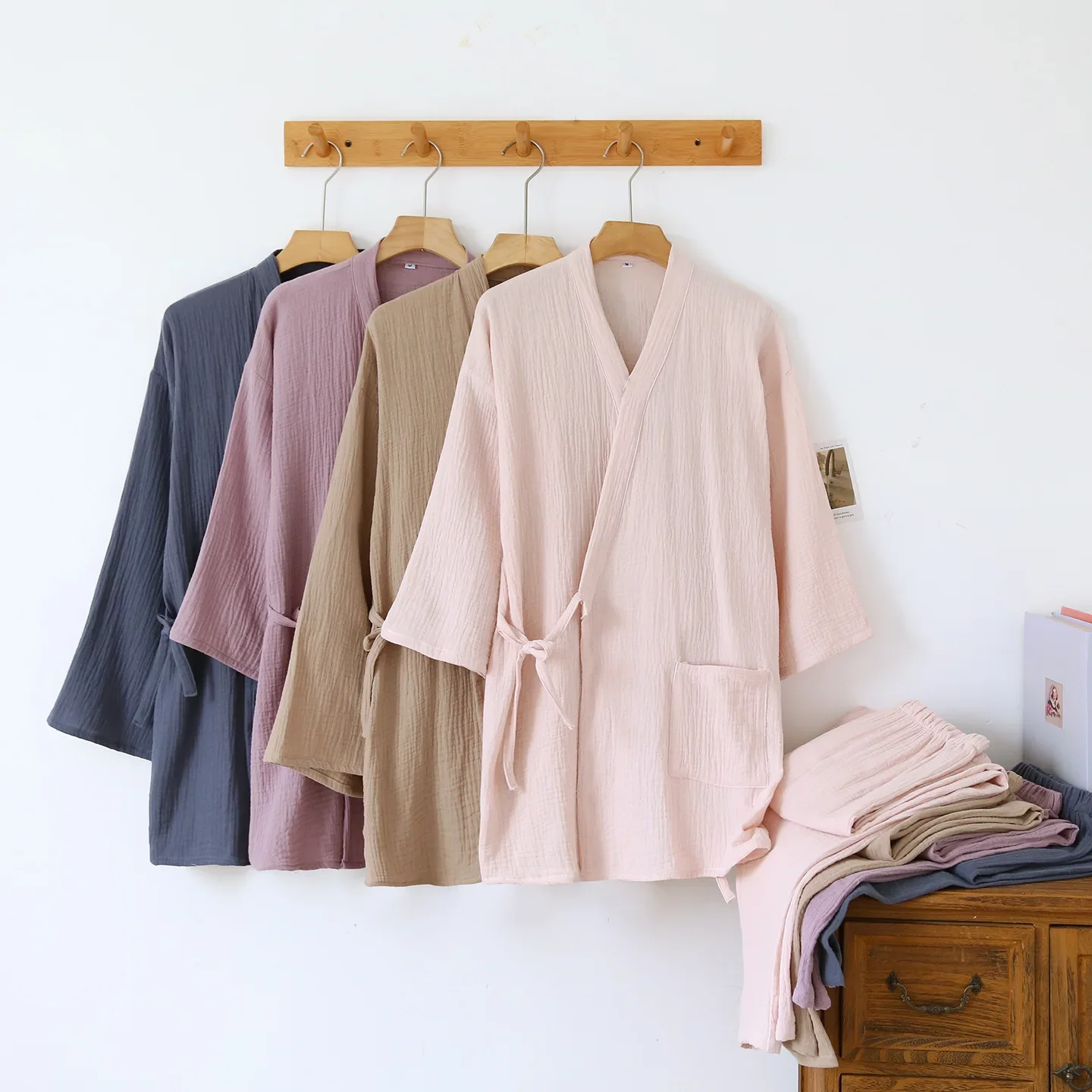 

Autumn Couples Kimono Robes Set for Men and Women Cotton Half Sleeve Roebs with Long Trousers Loose Plus Size Home Pyjamas