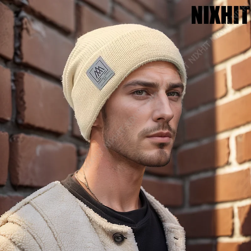 NIXHIT New Plus Velvet Thicken Knitted Beanie Warm Skullies Beanies Men Winter Hat Knitted Hats Casual Riding For Men Cap Women