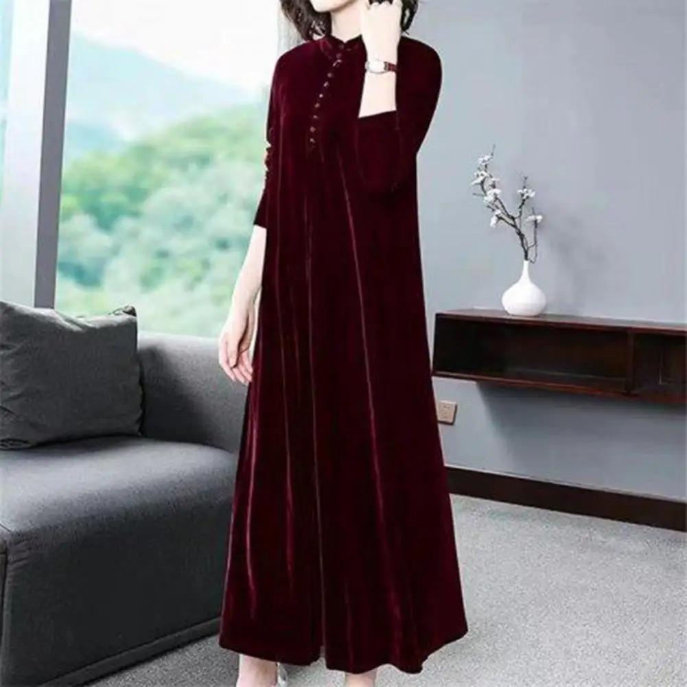 

Women Velvet Dress Solid Color Loose Long Sleeves Button Maxi Dress Keep Warm Velvet Mom Spring Dress Women Party Maxi Dresses