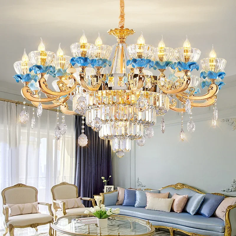 

European Style Living Room Chandeliers Blue Ceramic Crystal Lamp Villa Duplex Family Decor Lighting Ceiling Dual Purpose Lamp