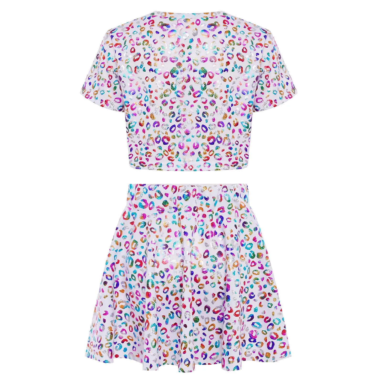 เด็กสาวเชียร์ลีดเดอร์ชุดเต้นรํา METALLIC Leopard พิมพ์แขนสั้น Crop TOP เสื้อ + กระโปรง Ruffled JAZZ DISCO Dance เครื่องแต่งกาย