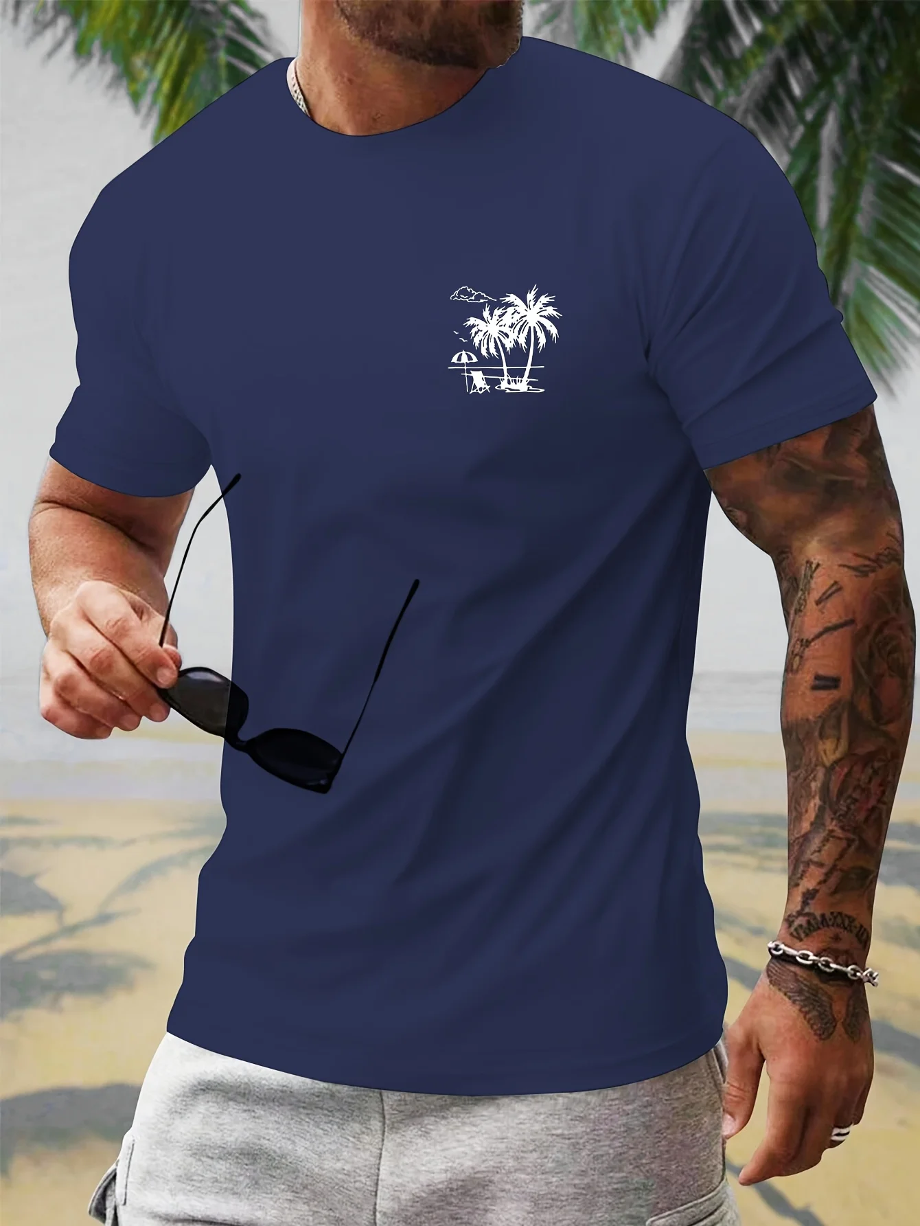Small Black Palm Tree Beach Print on Premium Soft 100% Cotton Mens T Shirt Perfect for Summer Casual Streetwear Style