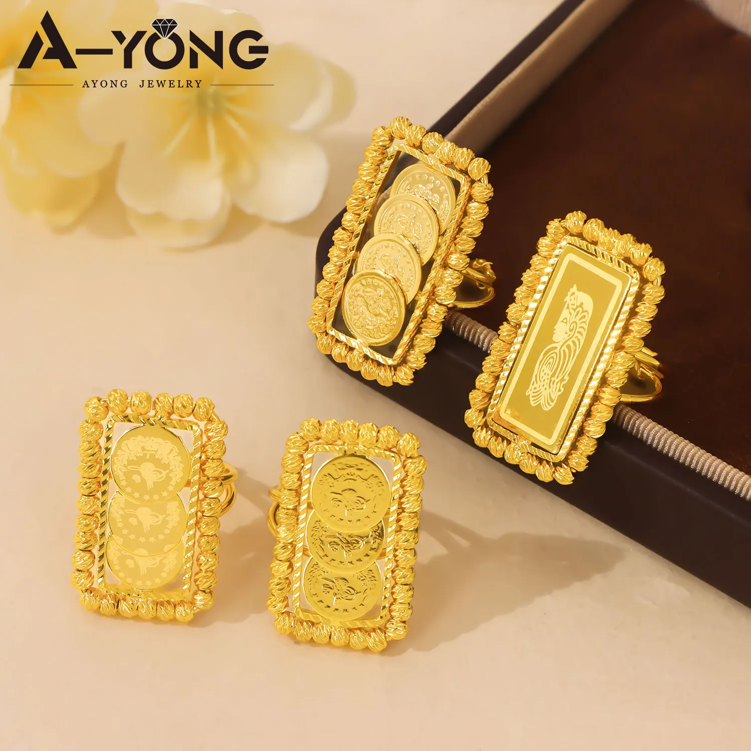 Arabic Fashion Coins Rings 21k Gold Plated Nigeria Bridal Wedding Adjustable Ring Dubai Muslim Women Event Party Jewelry
