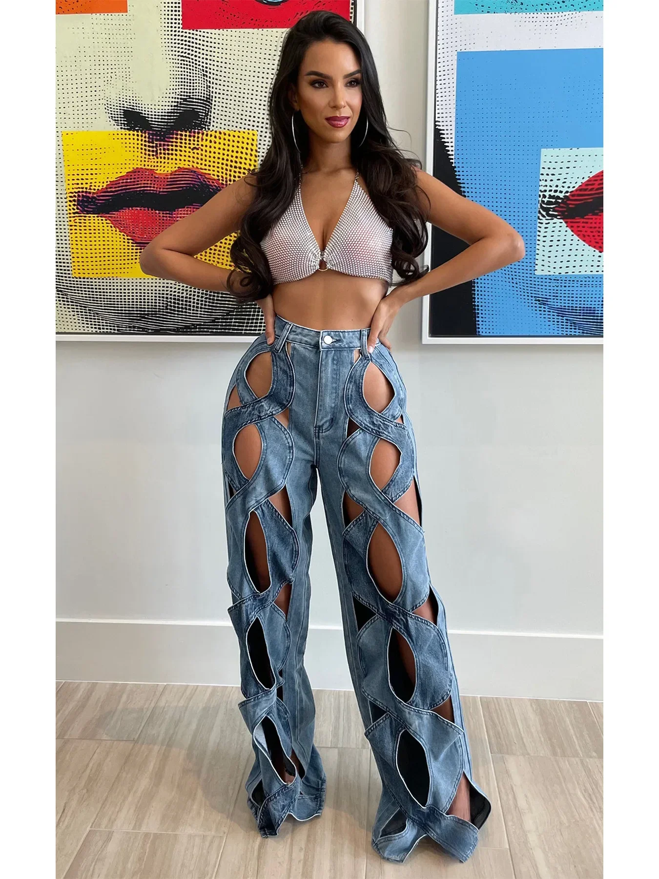 

Women Vintage Cutout Hollow Out Criss Cross Straight Denim Pants Fashion INS High Waist Wide Leg Jeans Trousers