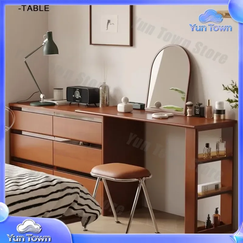 Nordic Solid Wood Dresser Chest for Small Apartment Storage Bedroom Furniture with Integrated Bedside Chest and Makeup Table