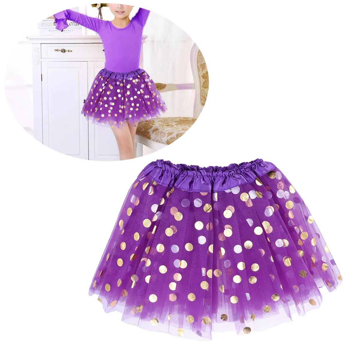 

Comfortable Layered Tulle Skirt for Girls Purple Dotted Sequin Elastic Waist Party Wear Skirt Skirts for Girls