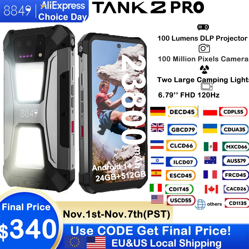 8849 Tank 2 PRO Smartphone robusto com projetor 6,79 "42.4K Display 24GB 512GB Celular 23800mAh 120W Android 14 Phone