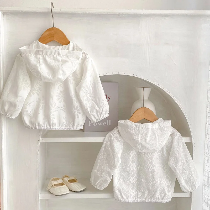 여아용 자외선 차단 레이스 재킷, 후드 자카드, 야외 유아 카디건, 겉옷 2023, 여름 코트