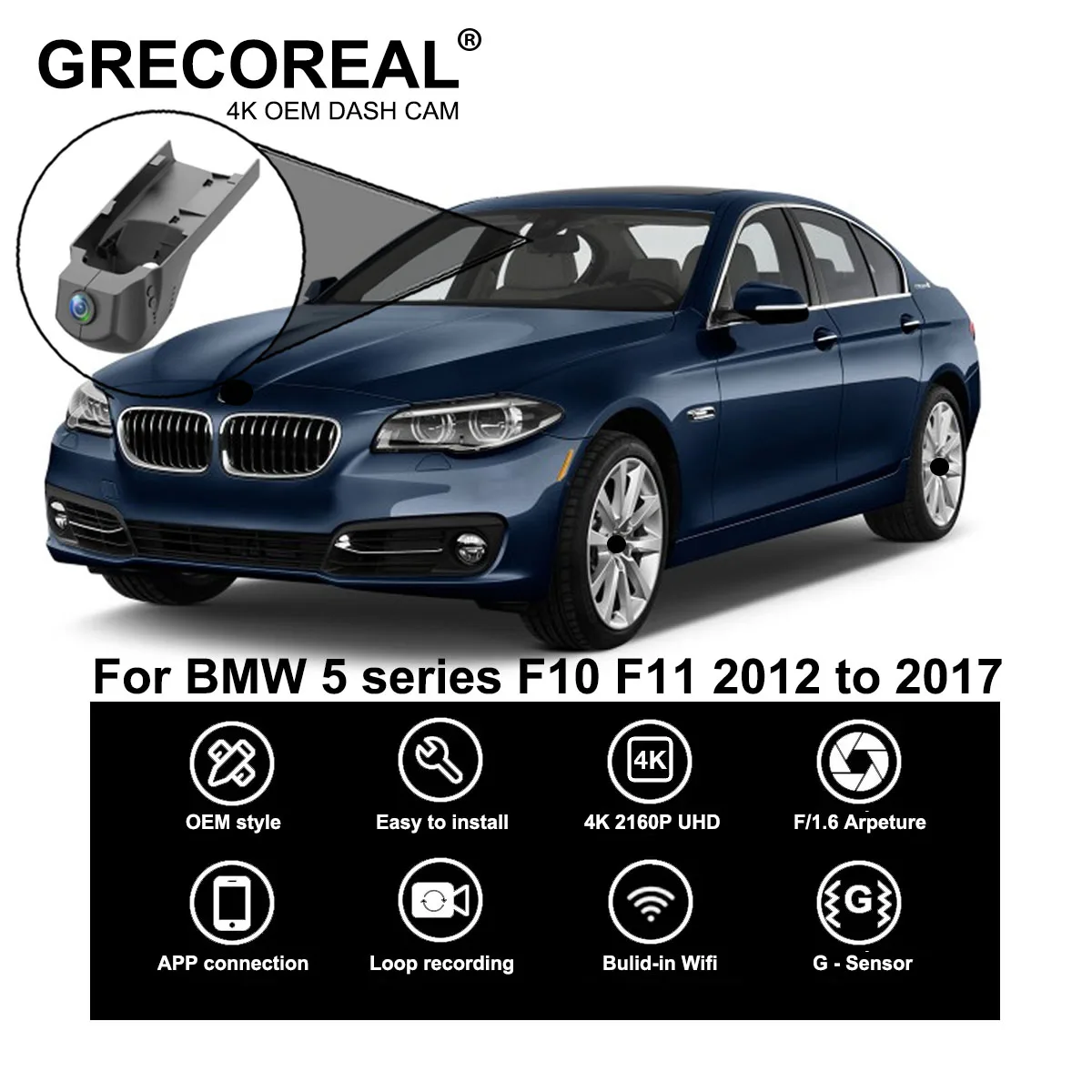 GRECOREAL 4K Dash Cam Front and Rear 2160P WiFi Car Dual Dashcam APP Control Plug Play Compatible with BMW 5 series F10 F11