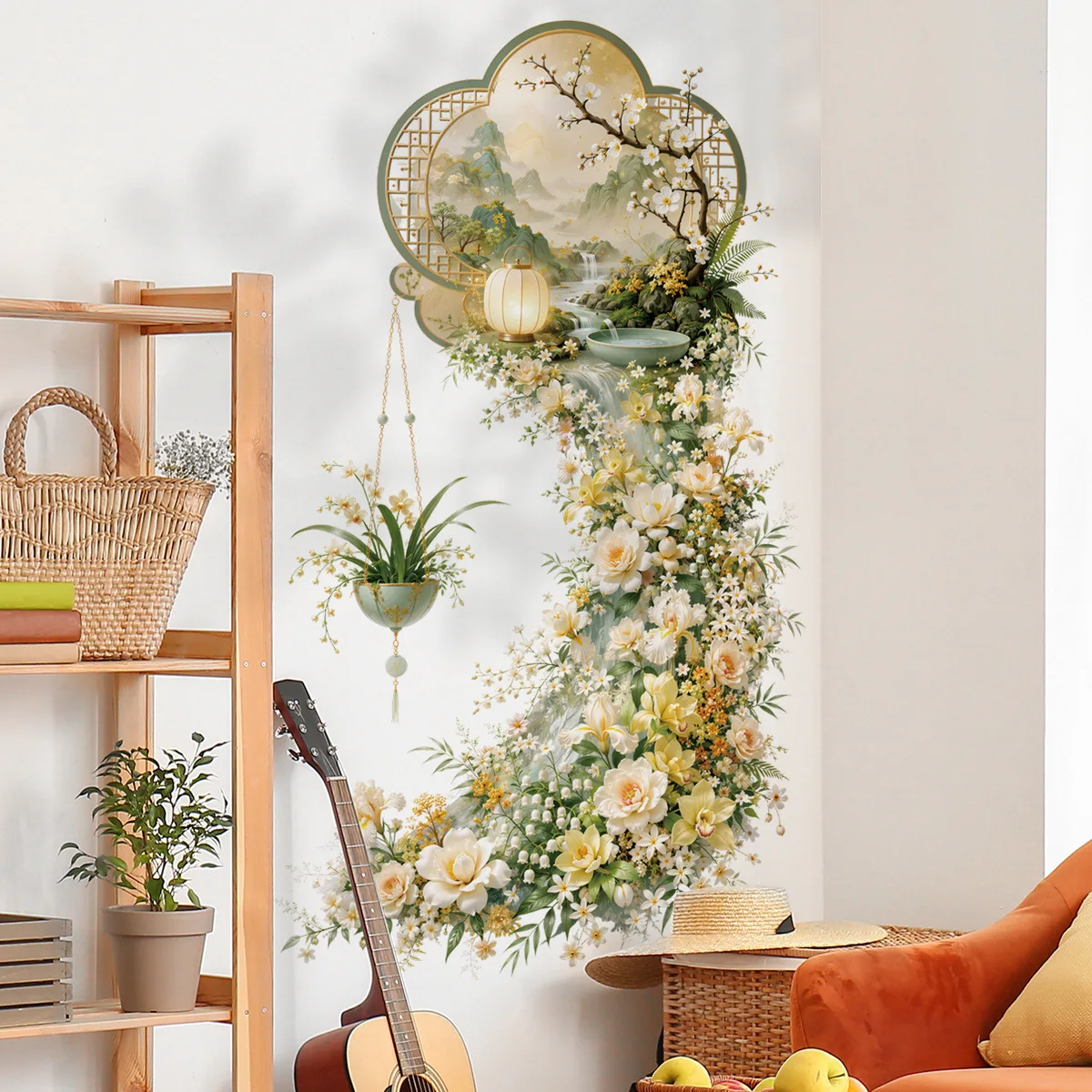 Chinese‑Style Daylily Floral Corner Wall Sticker, Waterfall Flower Wall Decal for Living Room Bedroom Background Home Art Decor