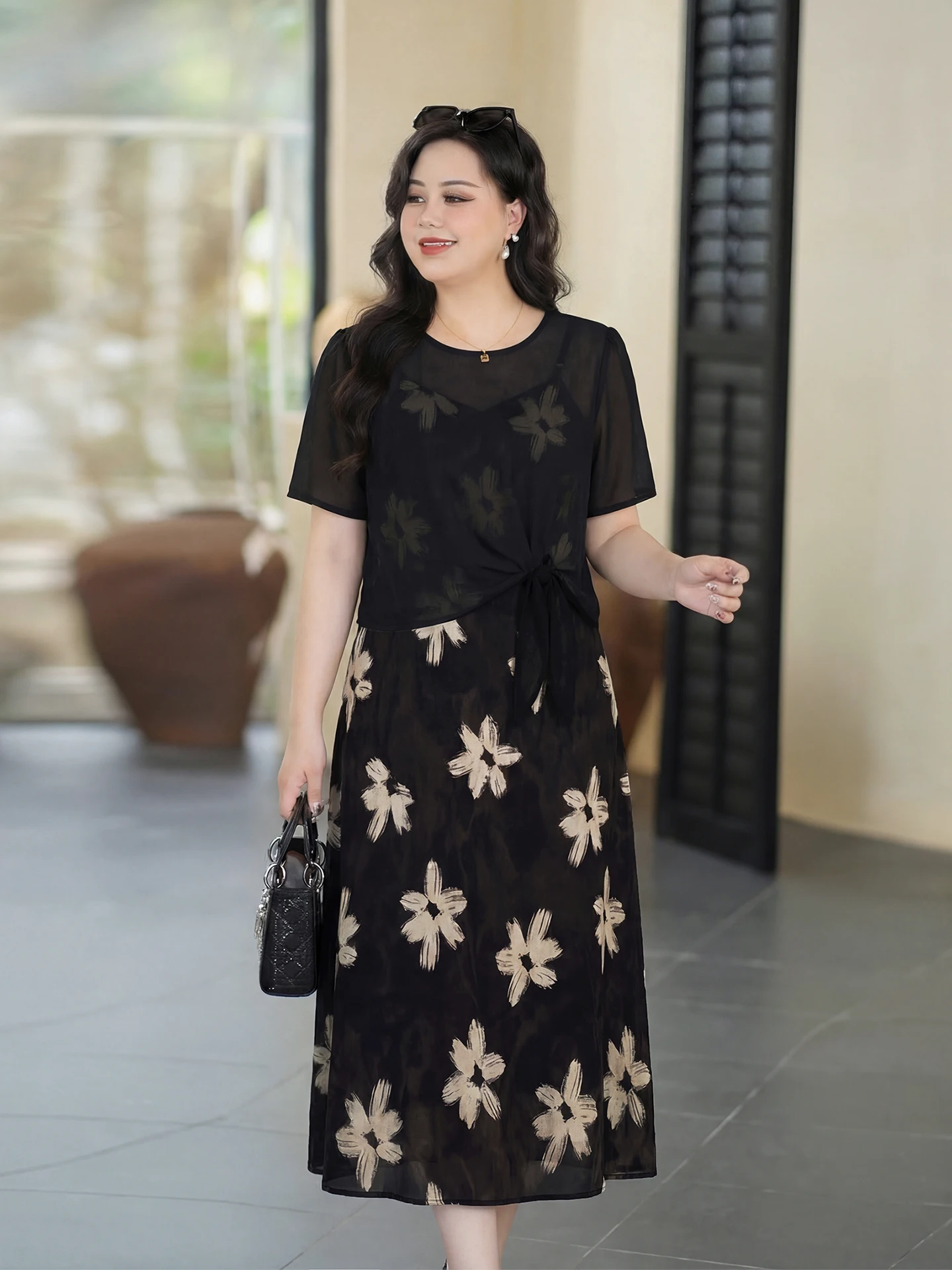 

plus Size Summer Outfit Dave Lady Women's Casual Loose Fit Printed High Waist Midi Dress Two Piece Set with Belly Cover up Top