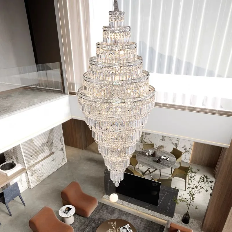 Nordic Villa Crystal Pendant Hotel Lobby Large Chandelier Attic Light Luxury Hollow Rotating Long Chandelier Home Decor Light
