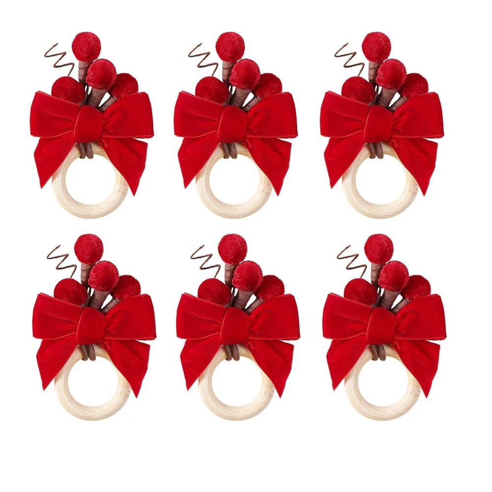 6PCS Fabric Craft Christmas Napkin Rings Pinecone Realistic Red Bow Napkin Rings Pine Needle Delicate Xmas Table Napkin Holder
