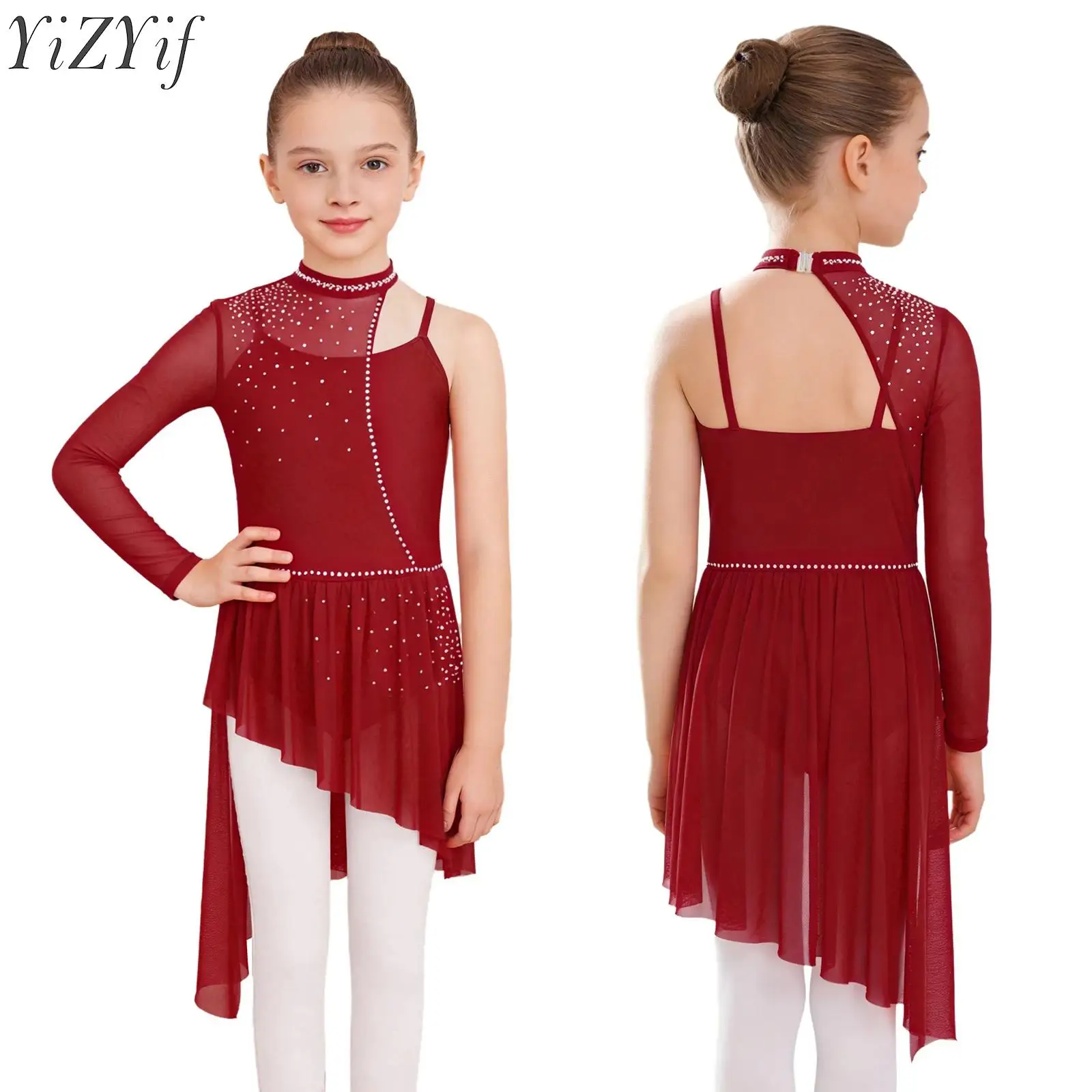 

Kids Girls Asymmetrical Lyrical Dance Dress One Shoulder Long Sleeve Ballet Leotard Dress Stage Ready Outfit