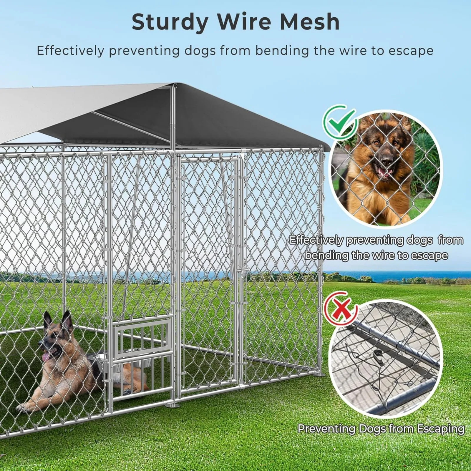 US 7.5×7.5FT Outdoor Dog Kennel with Cover and Bowls, Large Dog Run House Pen Enclosure with Side Rod, Heavy Duty Chain Link