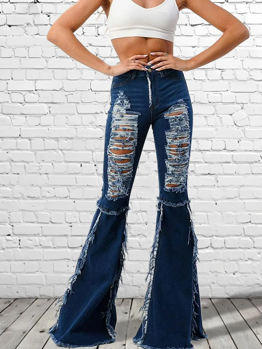

Mid-waist retro fashion heavy work ripped slim-fit denim bell-bottom pants for women, with frayed edge craftsmanship, for all se