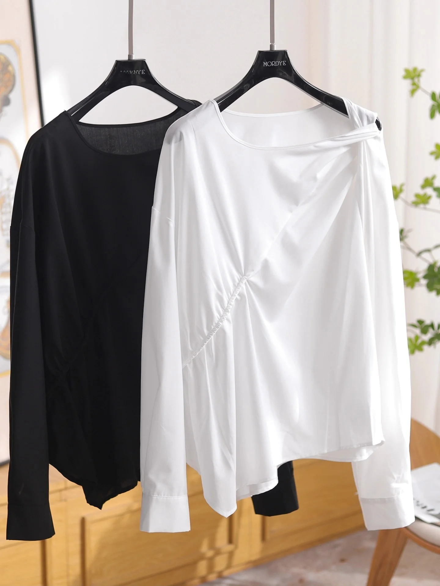 

00% Cotton Asymmetric Dstring Pleated One-oulder Long Sve irt Original Design Loose Fit Button Detailing Chinese O...