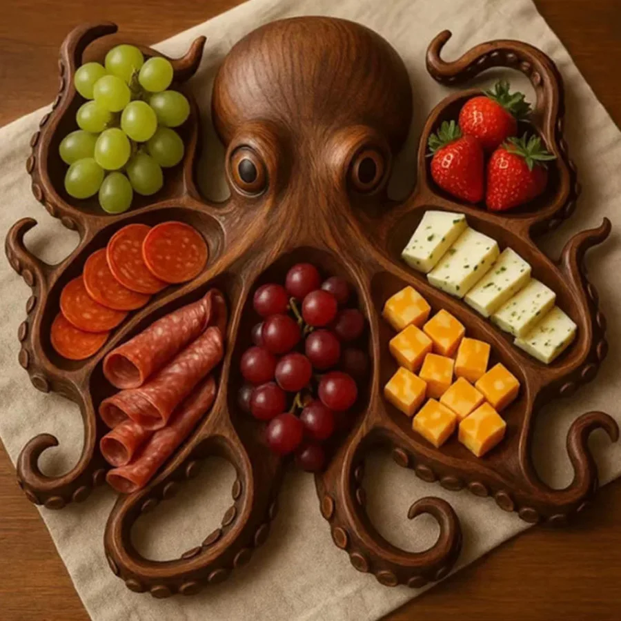 Nuevo plato dividido de pulpo, fruta cocida, plato para aperitivos, utensilios de cocina creativos de madera, decoración para la sala de estar de los entusiastas del mariscos