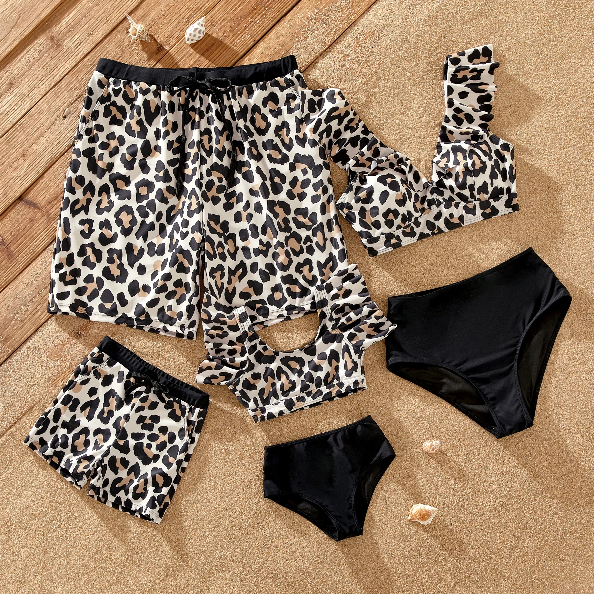 Family Matching Leopard Pattern Drawstring Swim Trunks or Ruffle Neck Two-Piece Bikini with Optional Cover Up Sarong Skirt