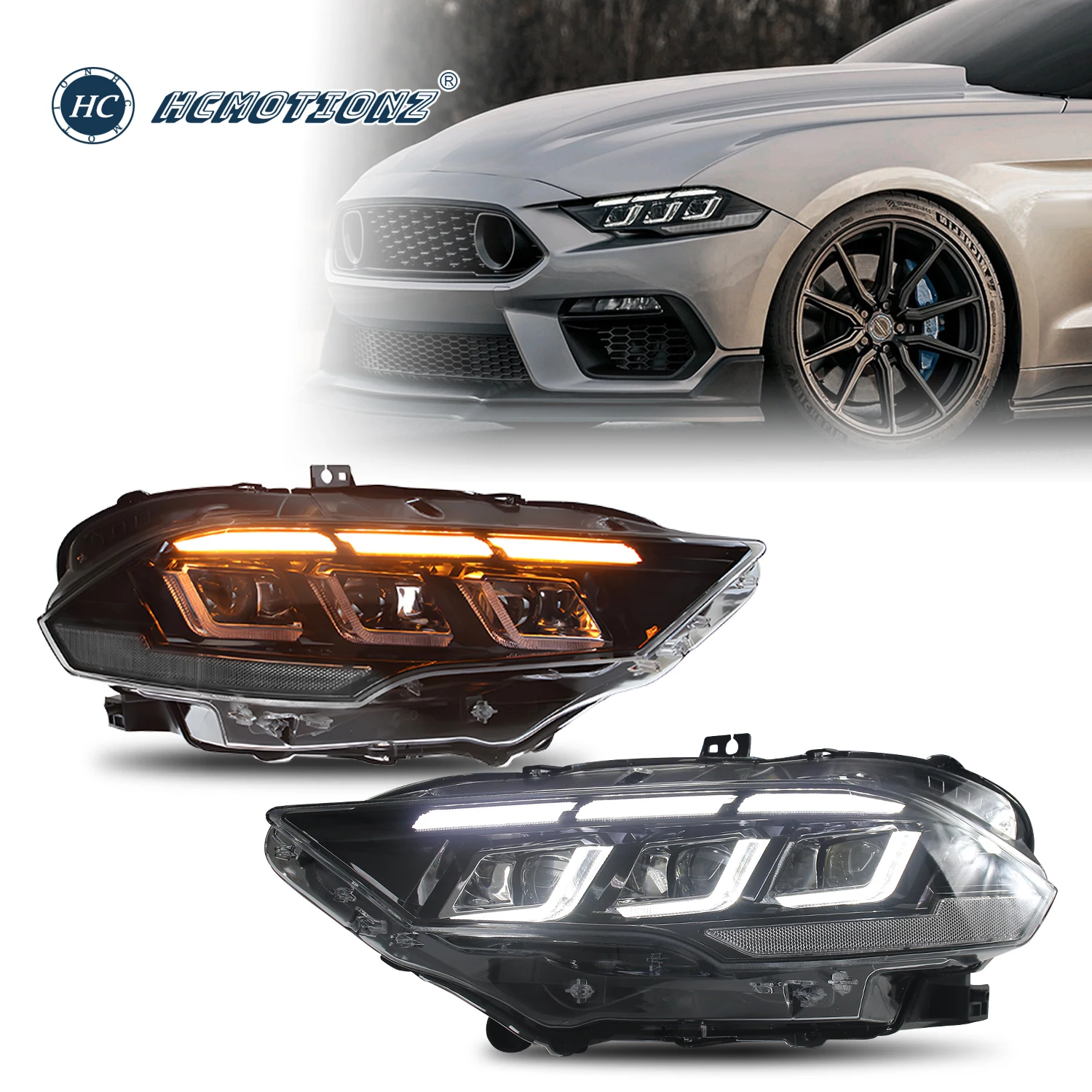 HCMOTIONZ LED Head Lights for Ford Mustang 2018-2023 Car Front Lamps Assembly Accessories Start UP Animation DRL